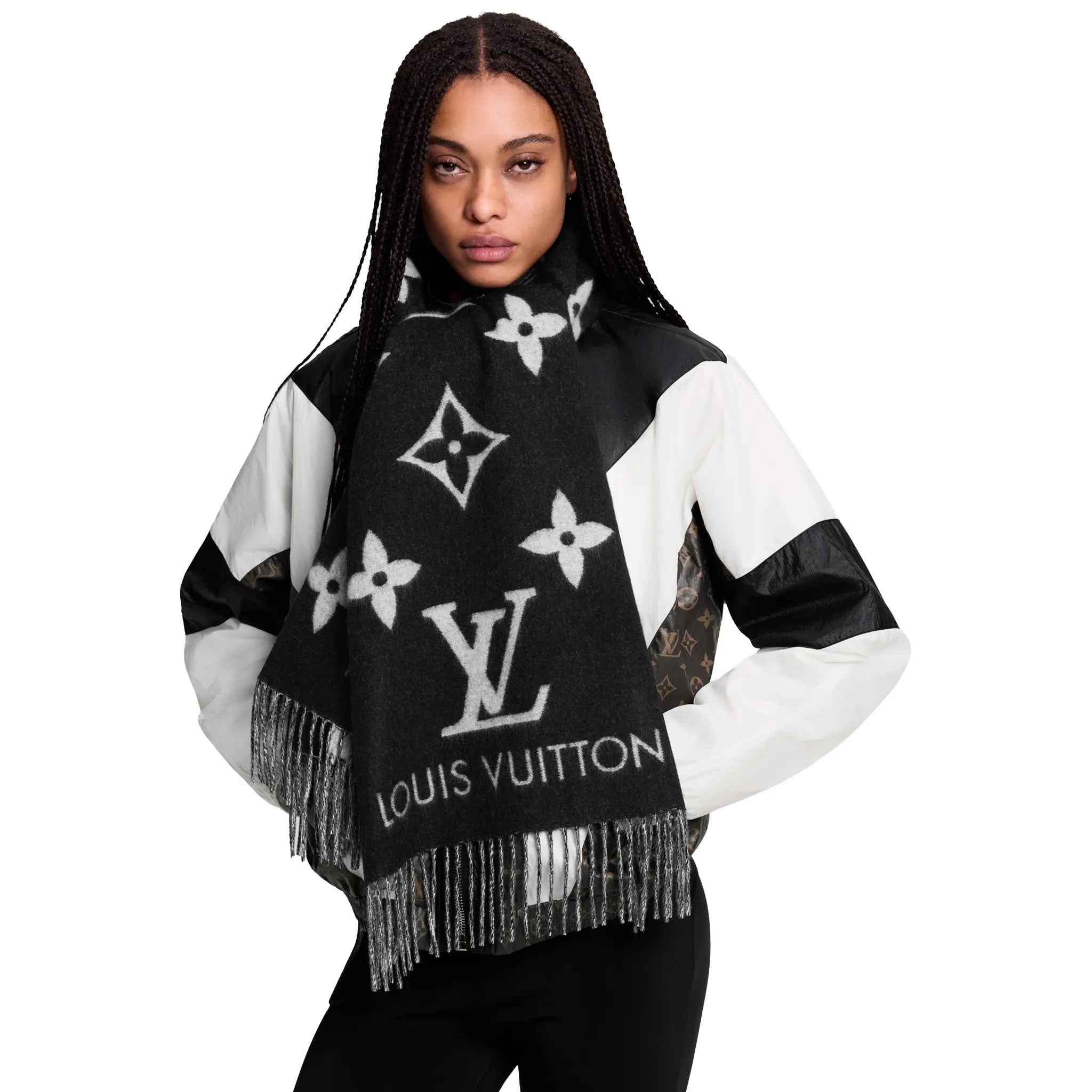 Model View of Louis Vuitton Reykjavik Black Scarf M71040